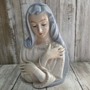 Vintage Ceramic Mary Madonna Religious Figurine Planter Vase Blue Veil